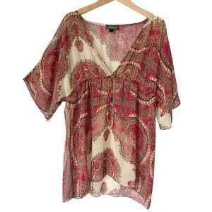 B-Wear Women L Red Paisley Boho Sheer Peplum Cover-Up Blouse Vacation Resort